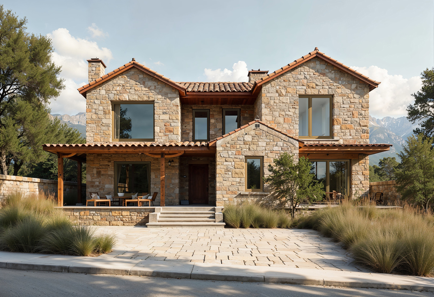 Fenêtres avec teintes de bois naturelles Bieber sur une maison en pierre